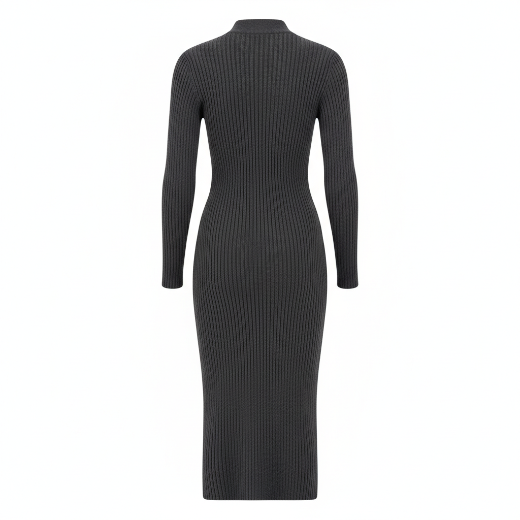 Ribbed Knit Dress in Charcoal Grey – Back View