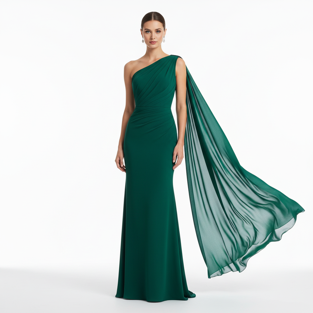 Model wearing One Shoulder Evening Dress in Deep Emerald