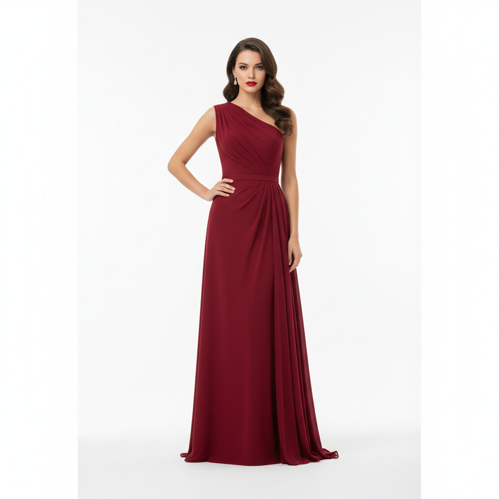 Model wearing One Shoulder Evening Dress in Ruby Wine