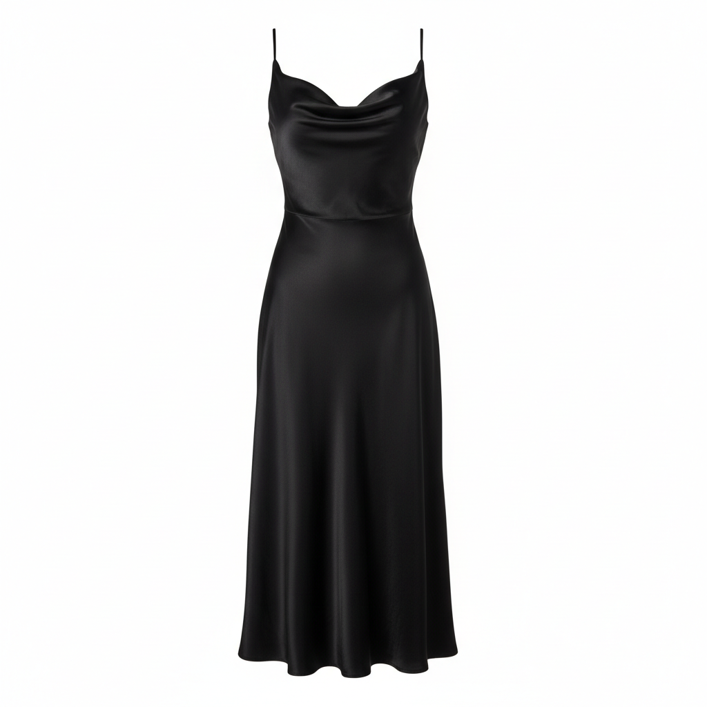 Satin Cowl Neck Midi Dress in Onyx Black – Front View