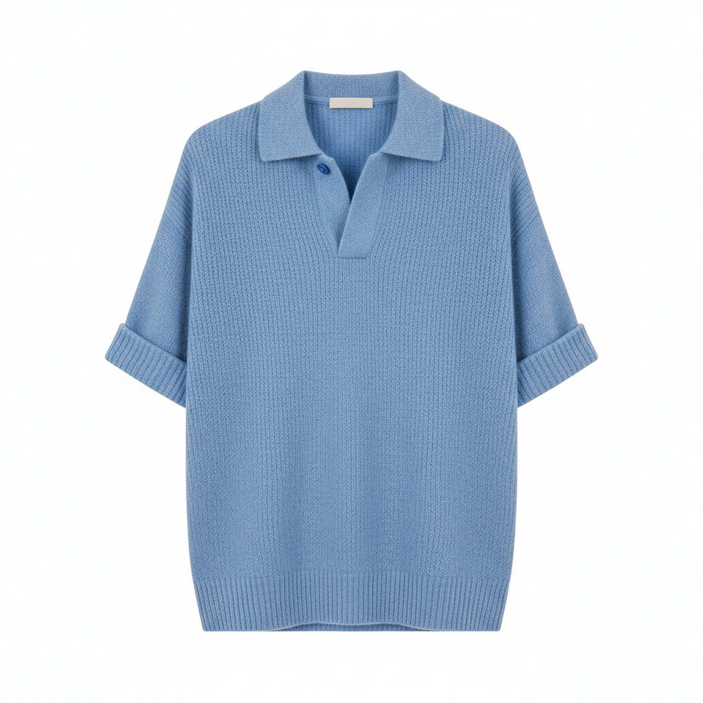 Relaxed Polo Sweater in Sky Blue – Detail Close-Up