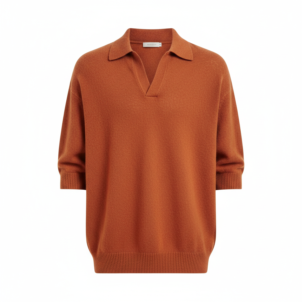 Relaxed Polo Sweater in Terracotta Rust – Front View