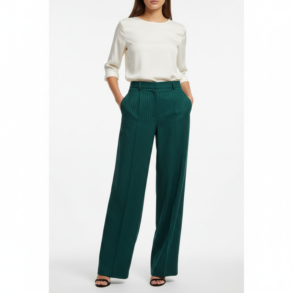 Pinstripe Relaxed Trousers – Forest Emerald – Model