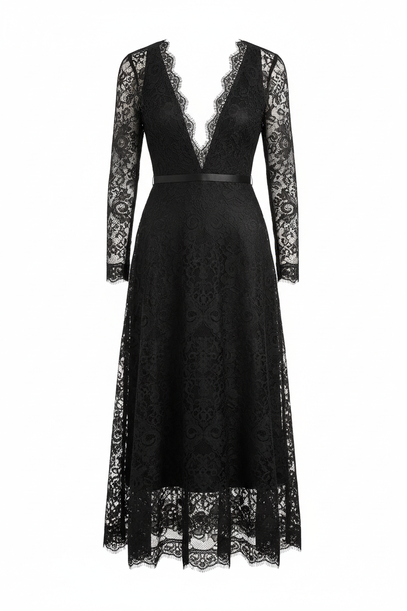 Lace Midi Dress in Black - Front View