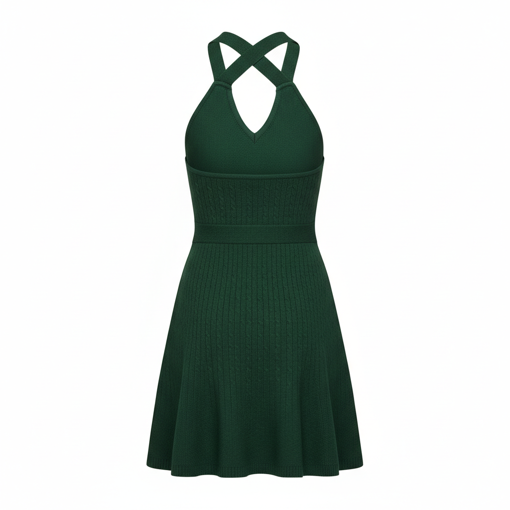 Knit Halter Mini Dress in Forest Pine – Back View