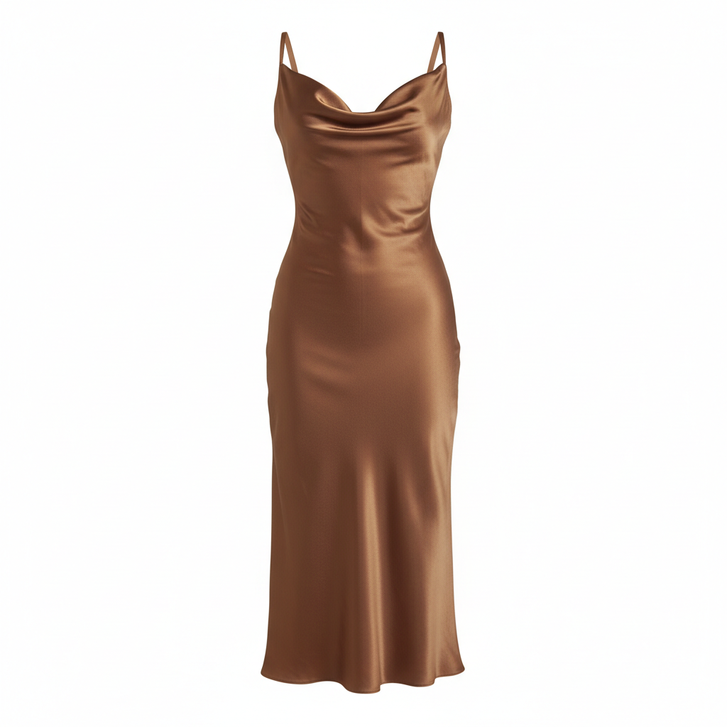 Satin Cowl Neck Midi Dress in Mocha Bronze – Front View
