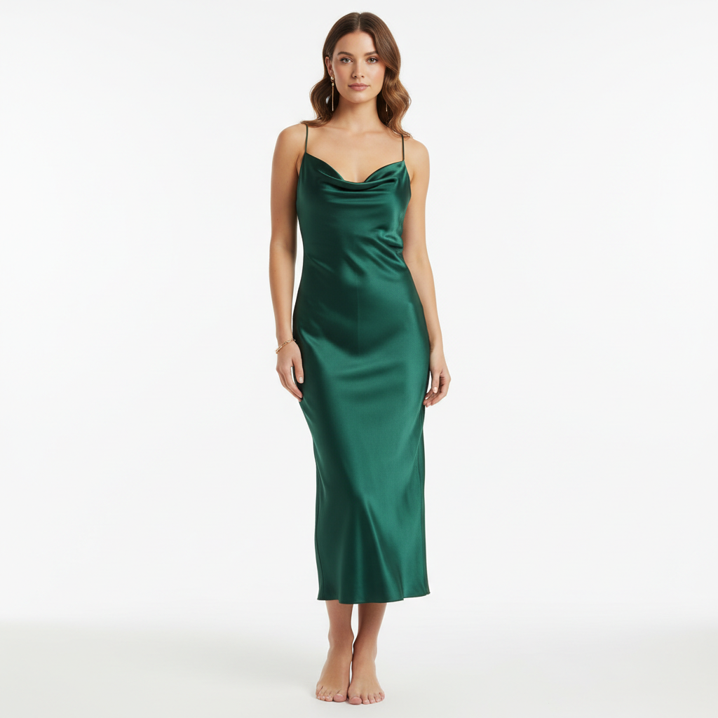 Model wearing Satin Cowl Neck Midi Dress in Emerald Forest