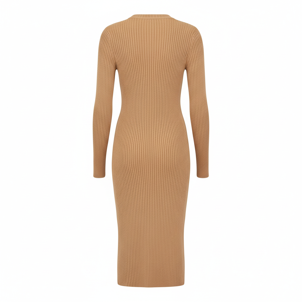 Ribbed Knit Dress in Soft Camel – Back View