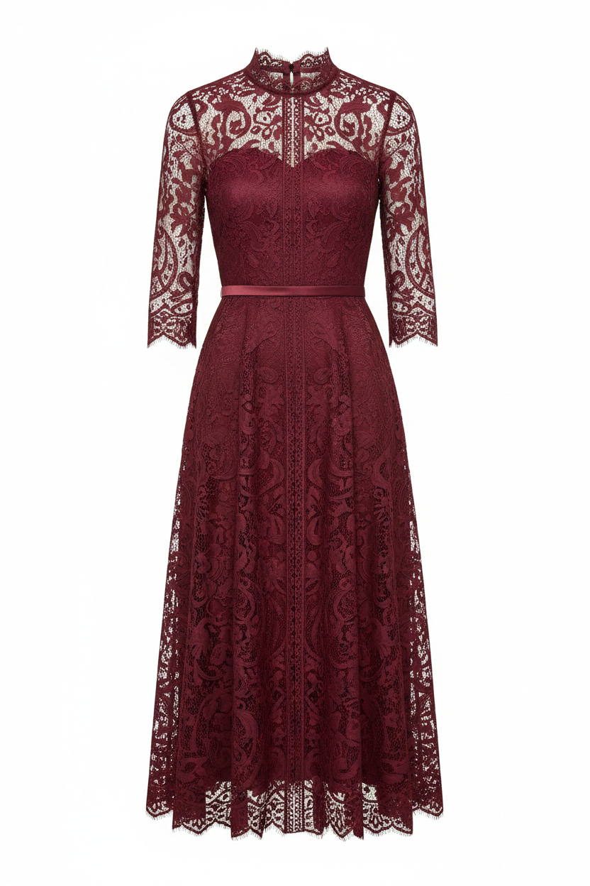 Lace Midi Dress in Burgundy - Front View