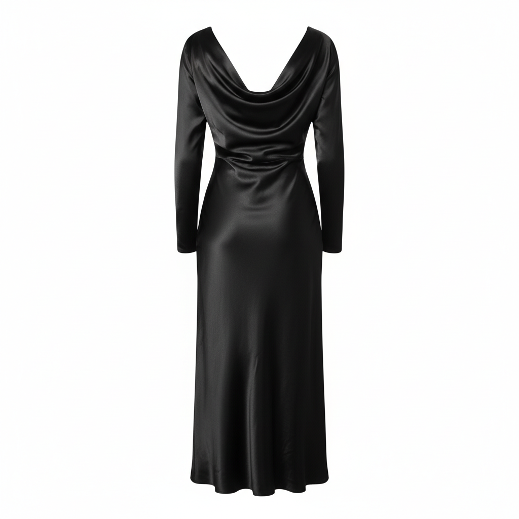 Satin Cowl Neck Midi Dress in Onyx Black – Back View