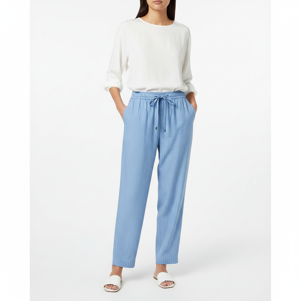 Pinstripe Relaxed Trousers – Sky Blue – Model