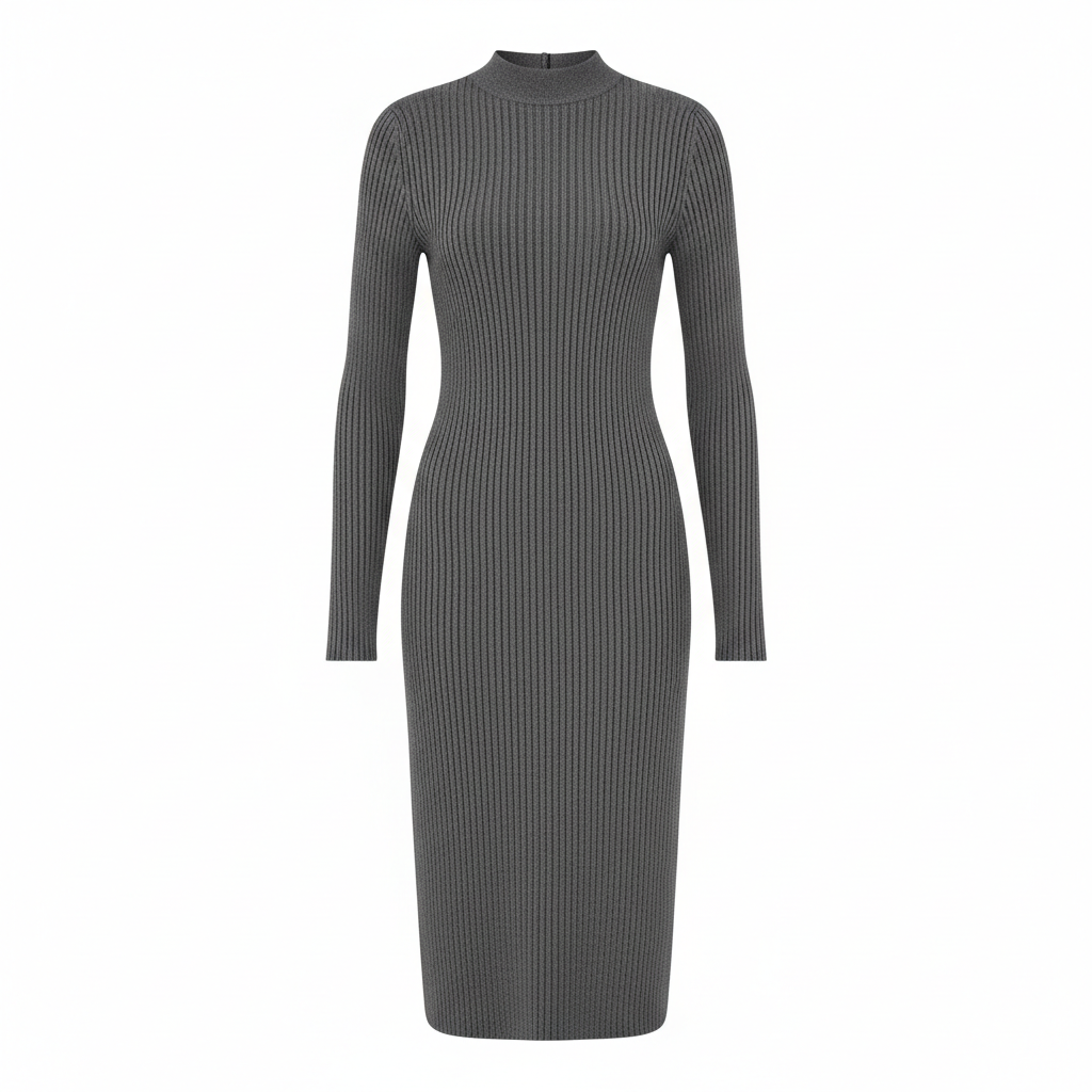 Ribbed Knit Dress in Charcoal Grey – Front View