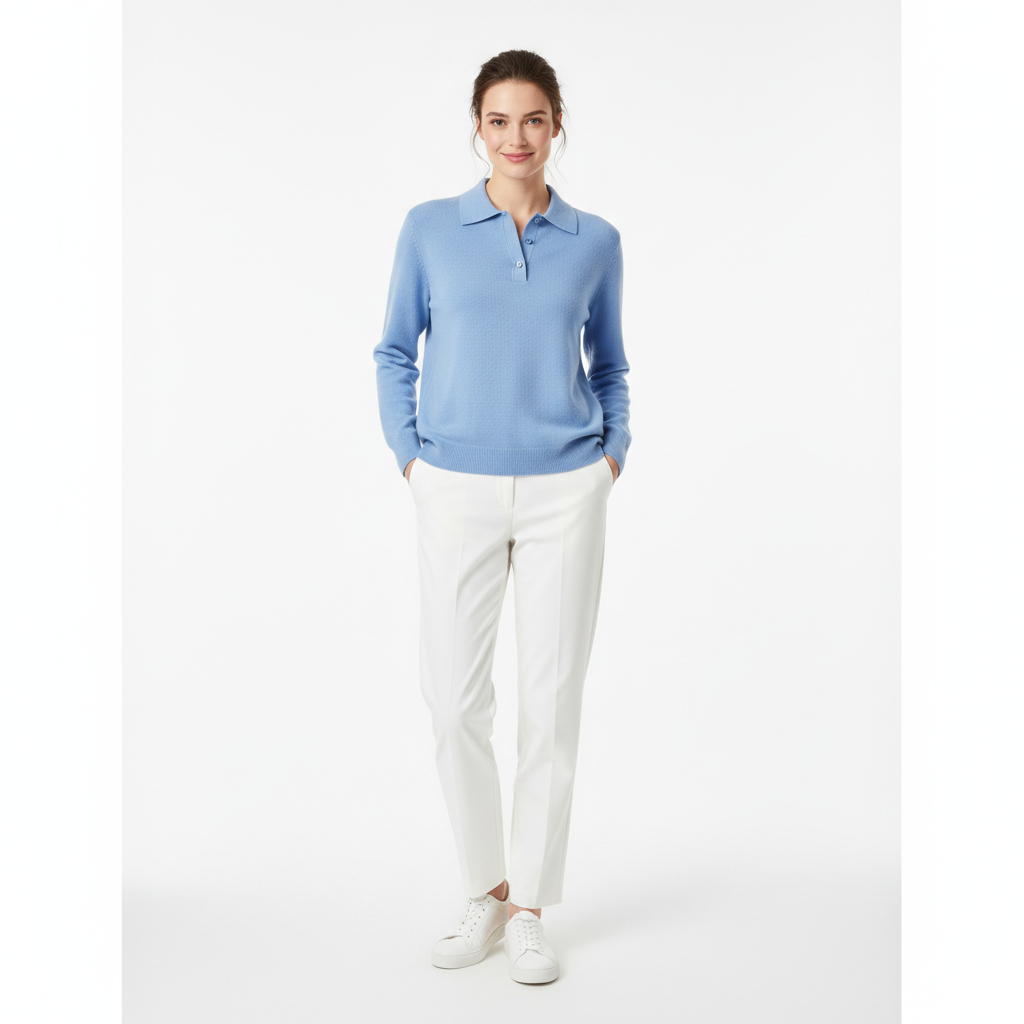 Relaxed Polo Sweater in Sky Blue – Model Shot
