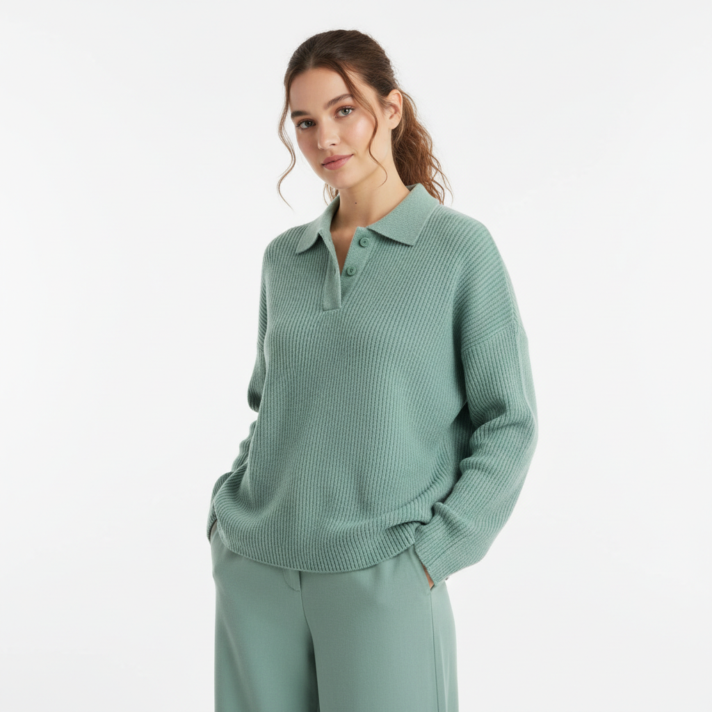 Relaxed Polo Sweater in Pistachio Green – Model Shot