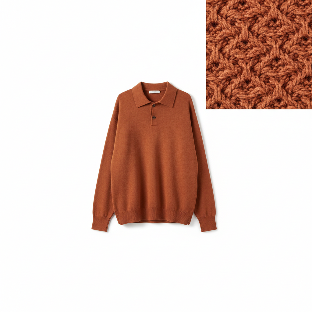 Relaxed Polo Sweater in Terracotta Rust – Detail Close-Up