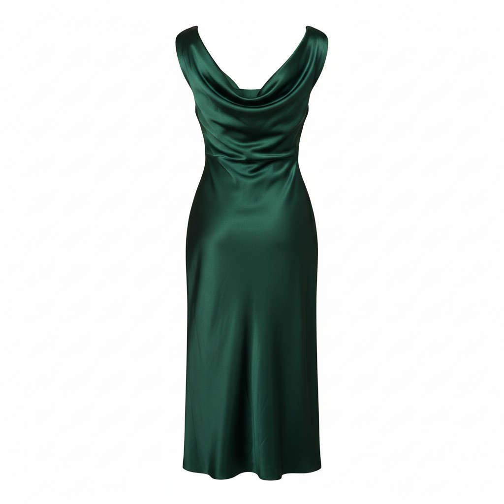 Satin Cowl Neck Midi Dress in Emerald Forest – Back View