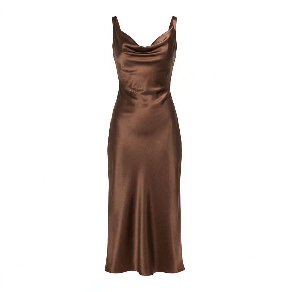 Satin Cowl Neck Midi Dress in Mocha Bronze – Hero