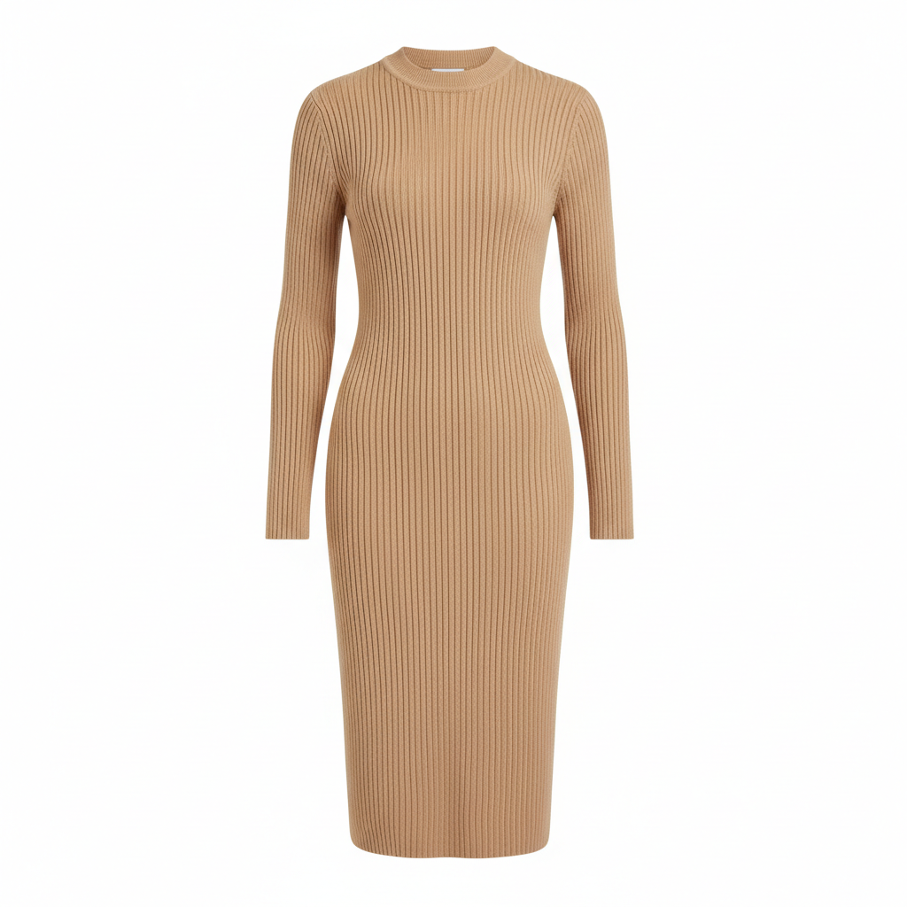 Ribbed Knit Dress in Soft Camel – Front View