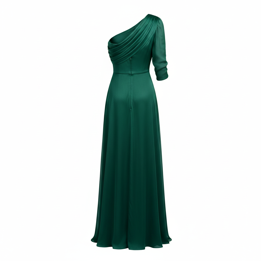 One Shoulder Evening Dress in Deep Emerald – Back View