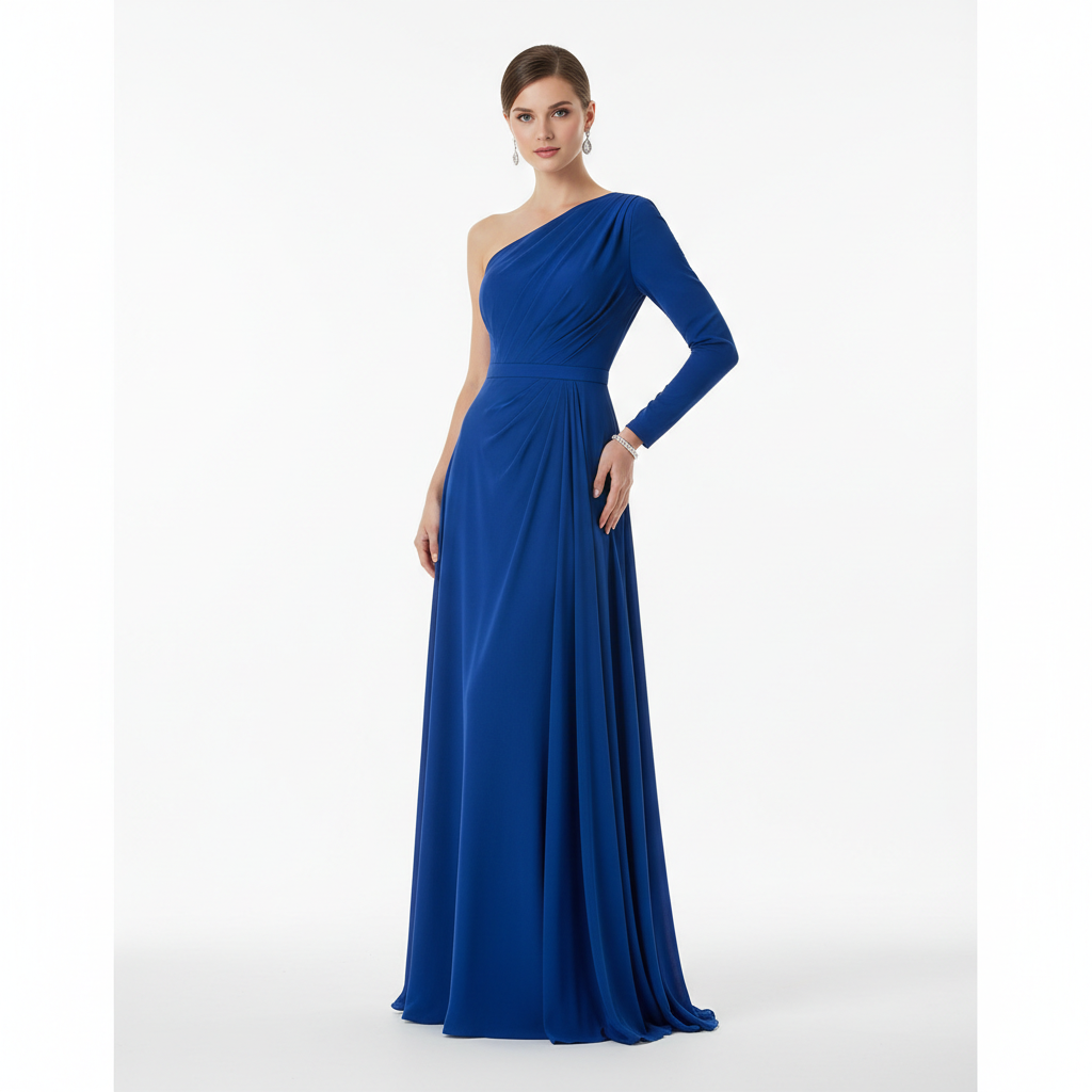 Model wearing One Shoulder Evening Dress in Royal Blue