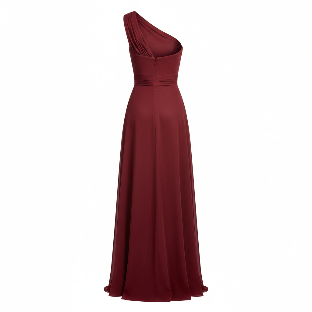 One Shoulder Evening Dress in Ruby Wine – Back View