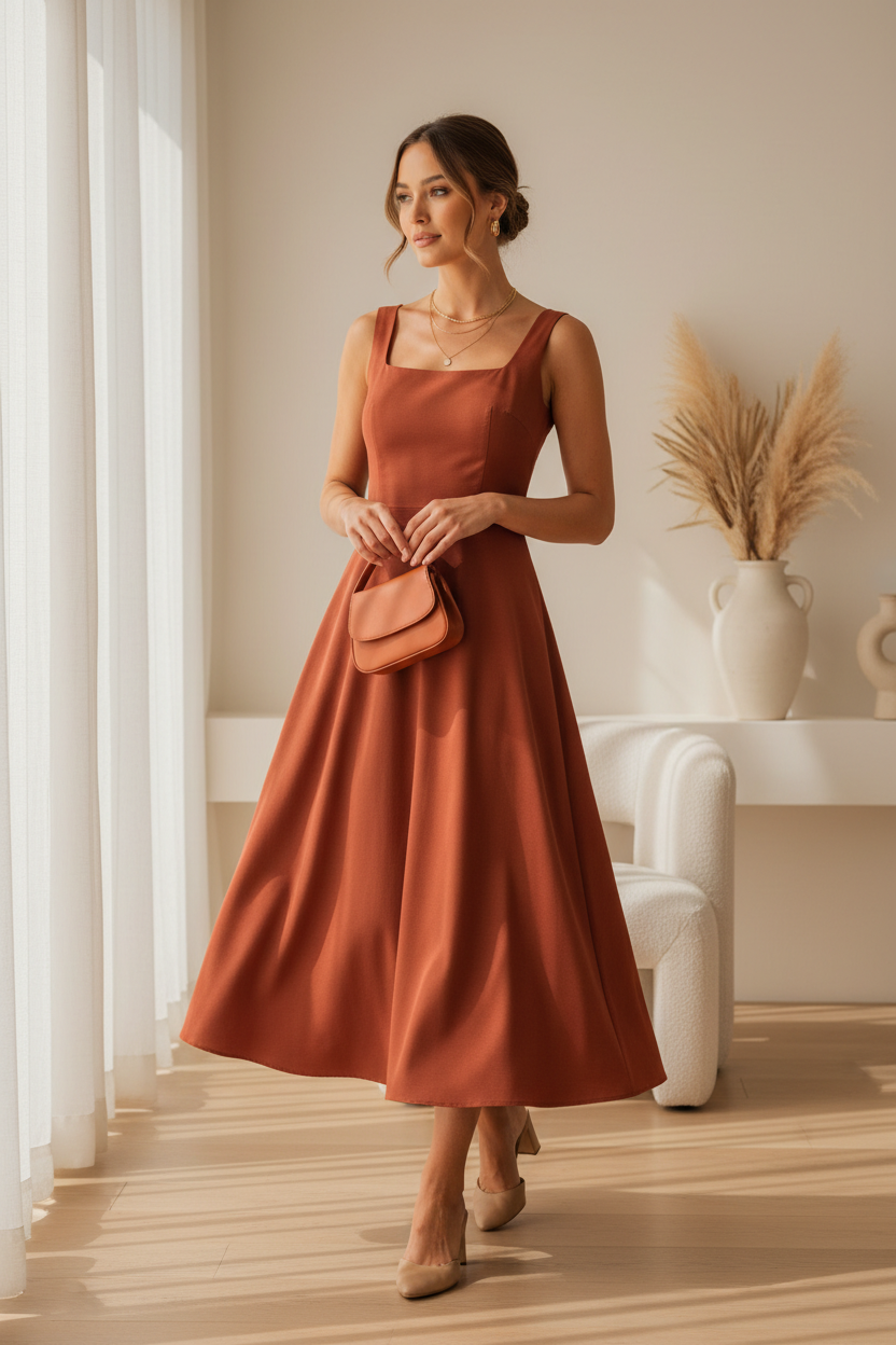Square Neck A-Line Dress in Terracotta Clay - Lifestyle