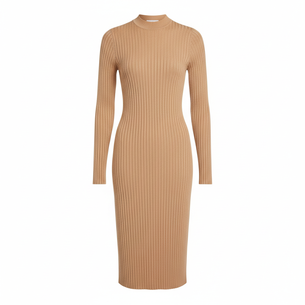 Ribbed Knit Dress in Soft Camel – Hero