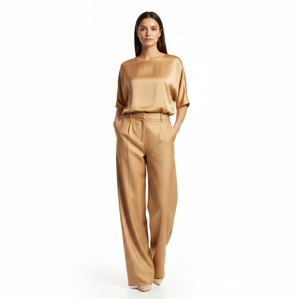 Pinstripe Relaxed Trousers – Champagne Gold – Model