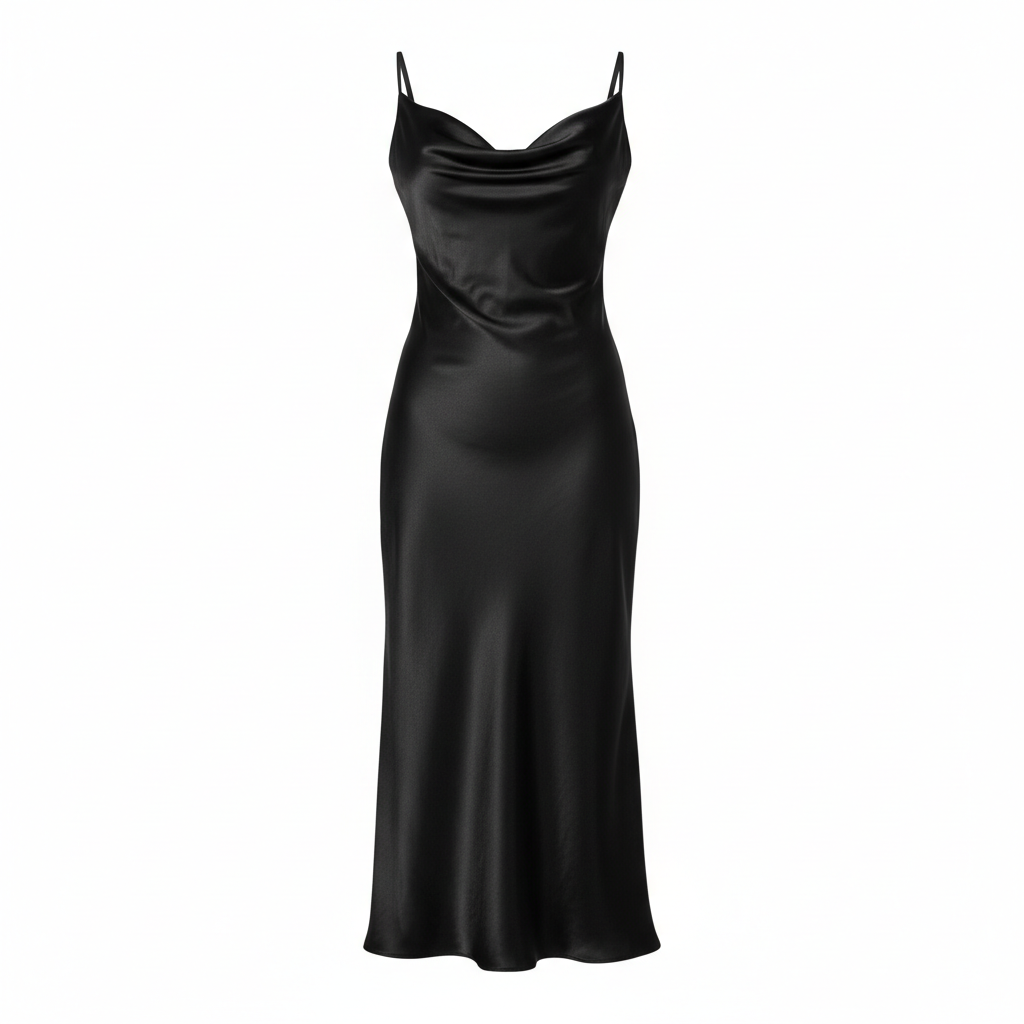Satin Cowl Neck Midi Dress in Onyx Black – Hero