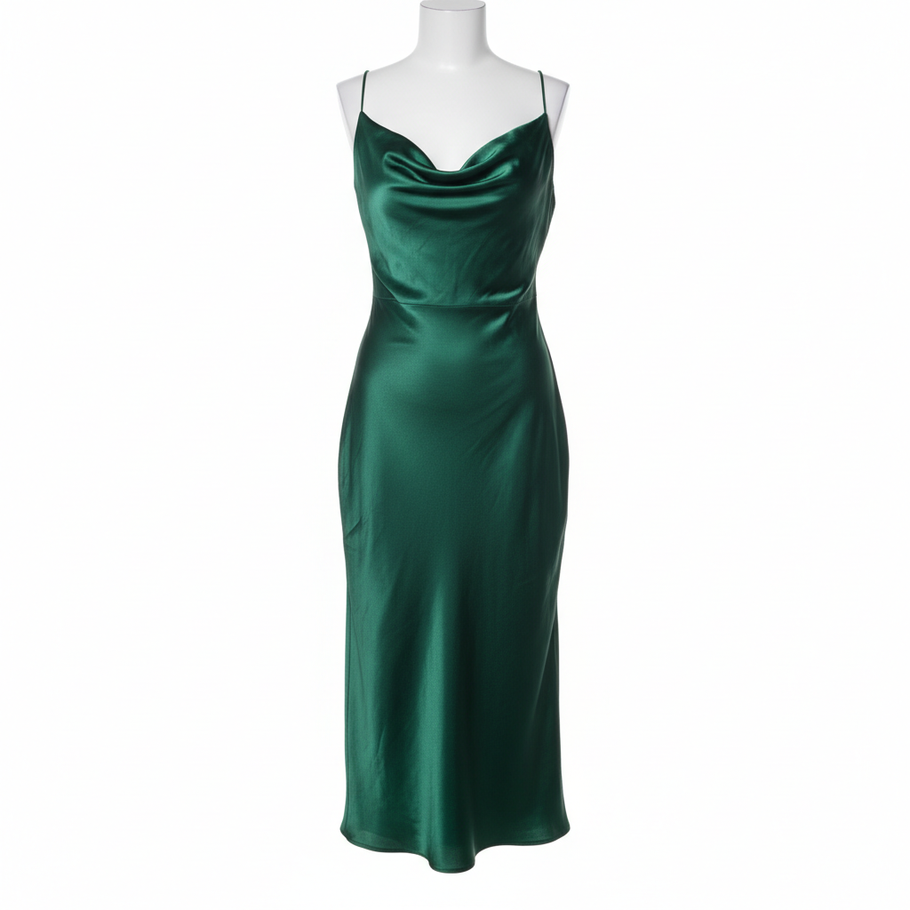 Satin Cowl Neck Midi Dress in Emerald Forest – Front View