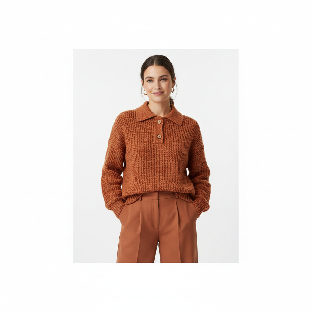 Relaxed Polo Sweater in Terracotta Rust – Model Shot