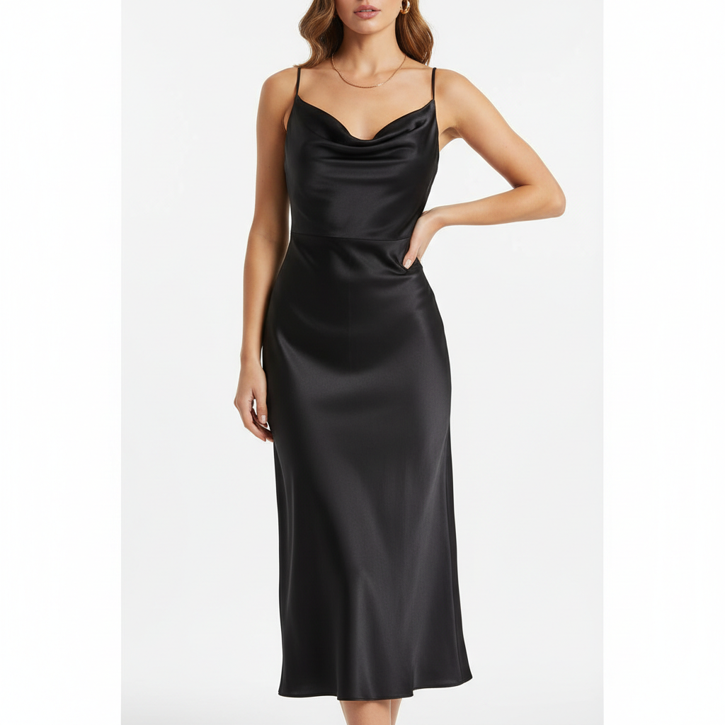 Model wearing Satin Cowl Neck Midi Dress in Onyx Black