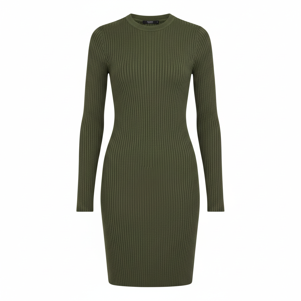 Ribbed Knit Dress in Olive Moss – Front View