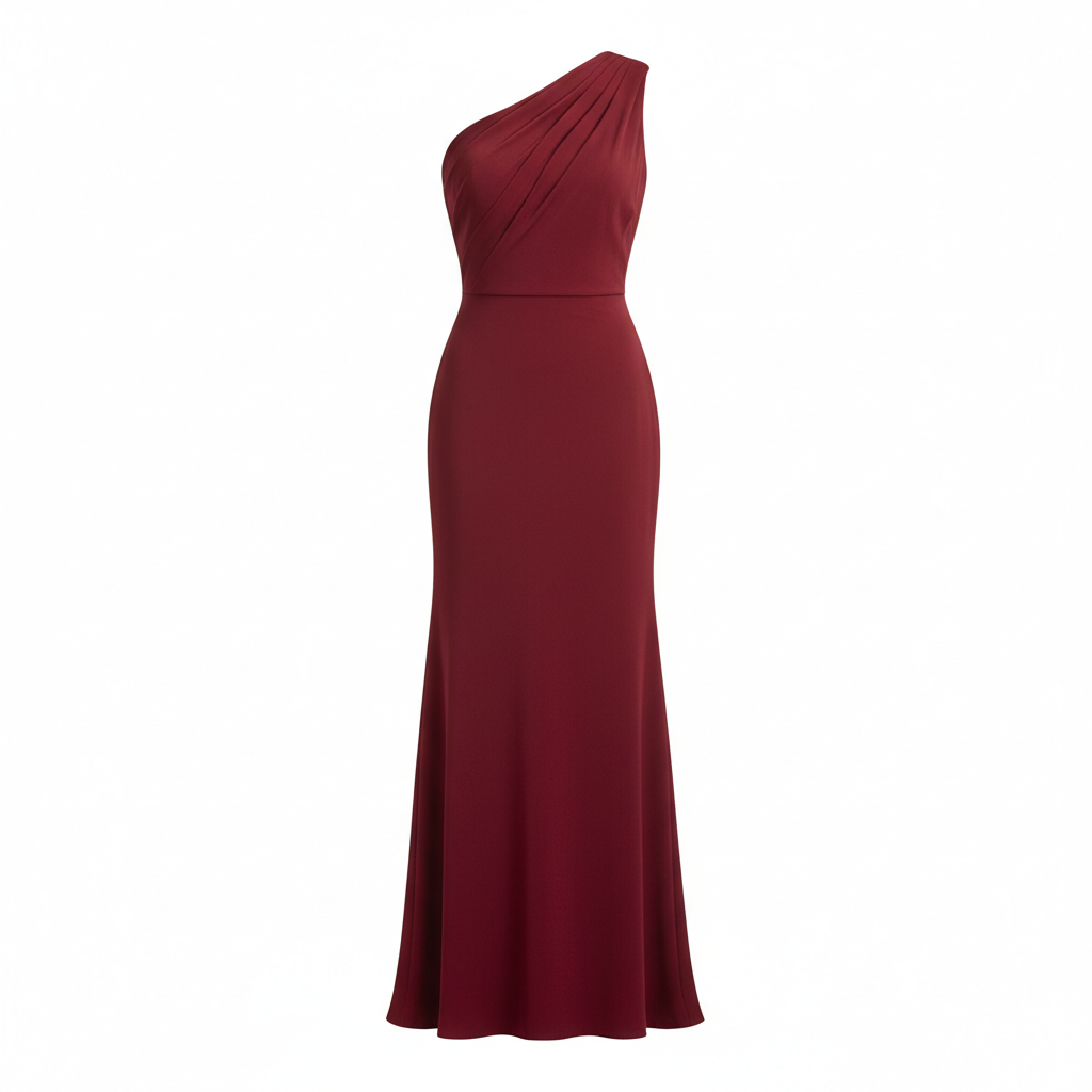 One Shoulder Evening Dress in Ruby Wine – Front View