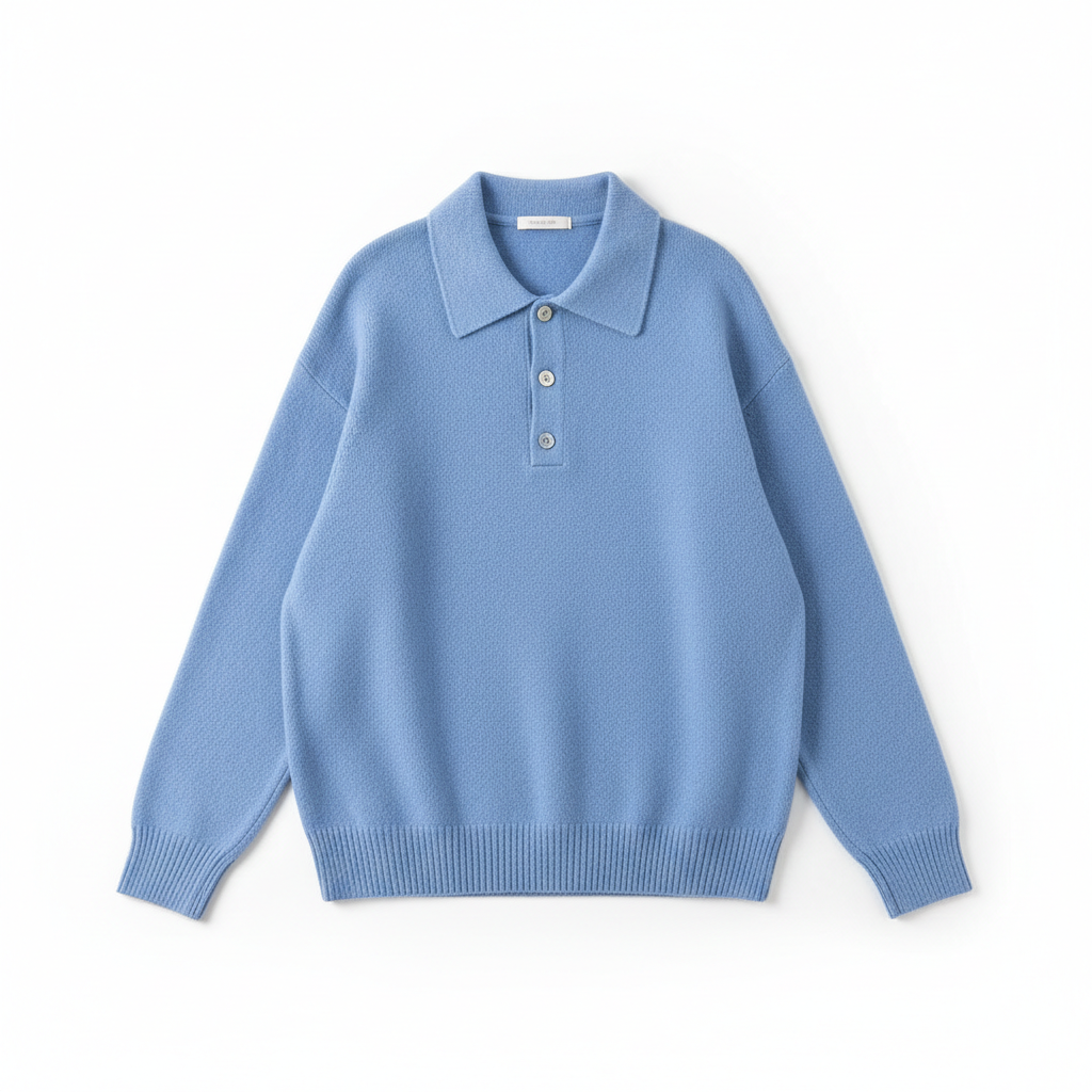 Relaxed Polo Sweater in Sky Blue – Front View
