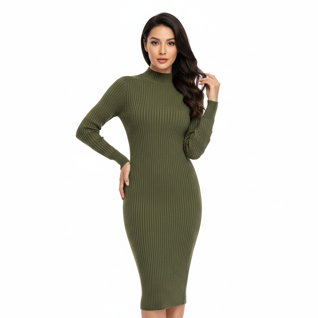 Model wearing Ribbed Knit Dress in Olive Moss