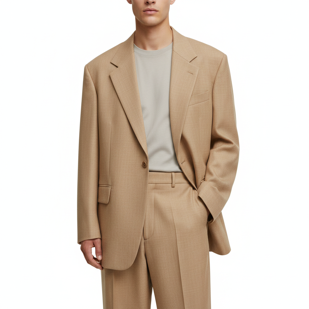 Modern Oversized Blazer – Sandstone Beige – Model