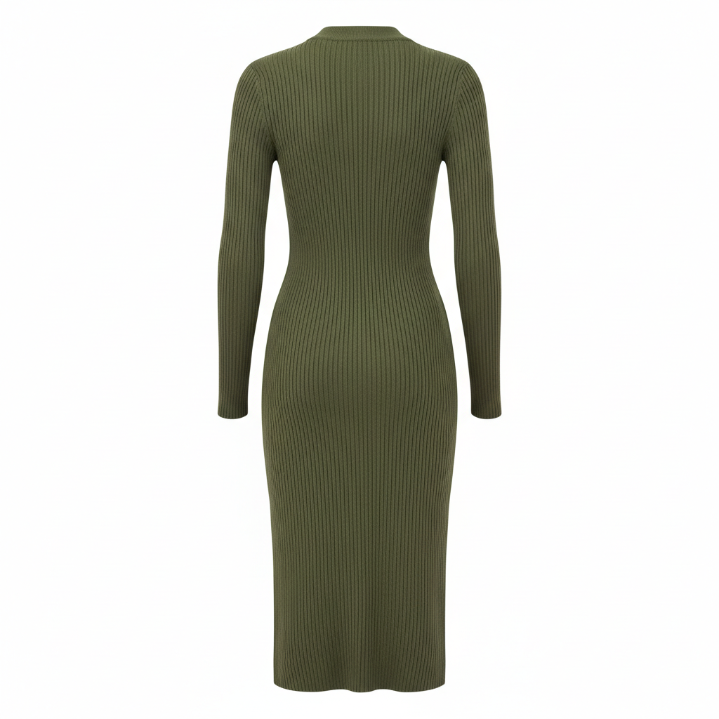 Ribbed Knit Dress in Olive Moss – Back View