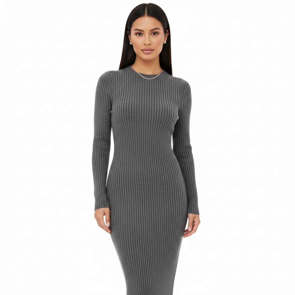 Model wearing Ribbed Knit Dress in Charcoal Grey