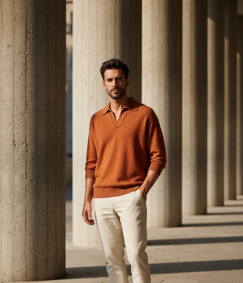 Rust Orange Knit Polo Male Model